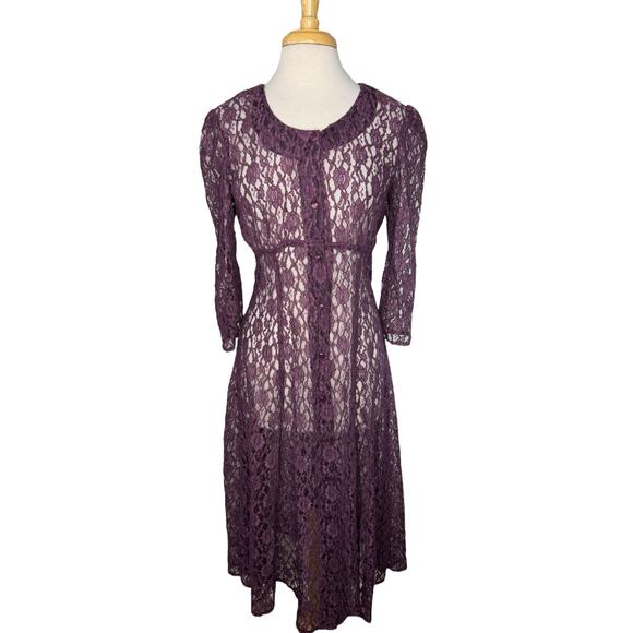 Vintage Dresses & Skirts - Vintage 80s Victorian Lace Button Up Purple Dress Size 11 Womens Gothic Sheer